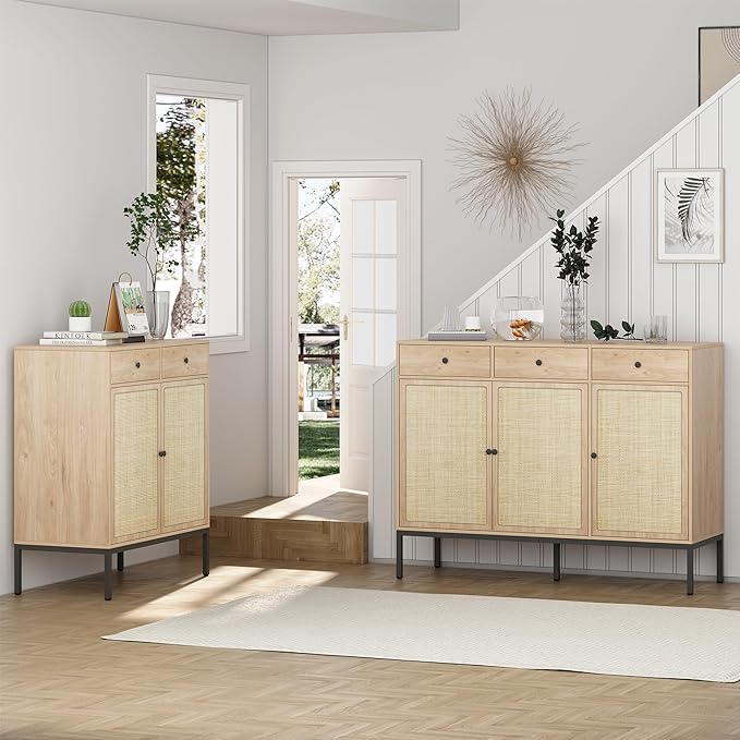 Brafab Rattan Cabinet Storage Sideboard Buffet Table Accent Console for Living Room Entryway Kitchen Dining Room 2 Drawers - LeafyLoom