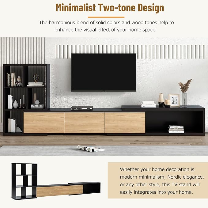 Merax Extendable TV Stand for Televisions up to 110'', Adjustable Entertainment Center with Storage Cabinets and 3 Tier Bookshelves, Sliding Tabletop Media Console for Living Room, Black - LeafyLoom