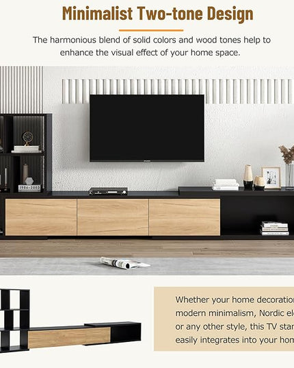 Extendable Stand with 3 Tier Bookshelves for TVs up to 110'', Adjustable Entertainment Center with Storage Cabinets, Sliding Tabletop Media Console for Living Room, Black, 126 inch Length - LeafyLoom
