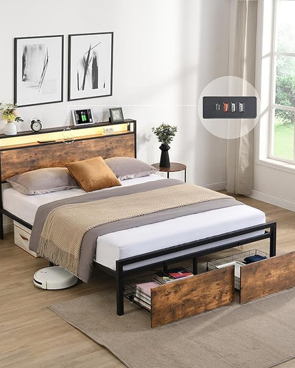 Full Size Bed Frames with 2-tier Shelves Headboard, Storage Drawers & LED Lights, LED Bed Frame w/USB Ports & Outlets, Platform Bed Metal Slats Mattress Foundation No Box Spring Needed - LeafyLoom