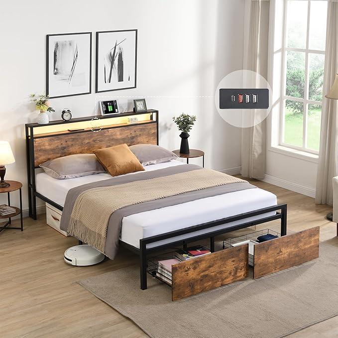 Full Size Bed Frames with 2-tier Shelves Headboard, Storage Drawers & LED Lights, LED Bed Frame w/USB Ports & Outlets, Platform Bed Metal Slats Mattress Foundation No Box Spring Needed - LeafyLoom