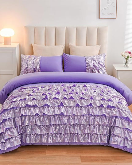 A Nice Night Waterfall Flutter Ruffle 3PCS Comforter Set,Chic Ruffled Textured Princess Bedding Set,Bling Purple,Twin - LeafyLoom