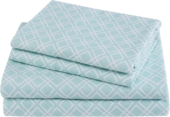 Comfort Spaces Cotton Flannel Breathable Warm Deep Pocket Sheets With Pillow Case Bedding, Twin, Aqua Geo, 3 Piece - LeafyLoom