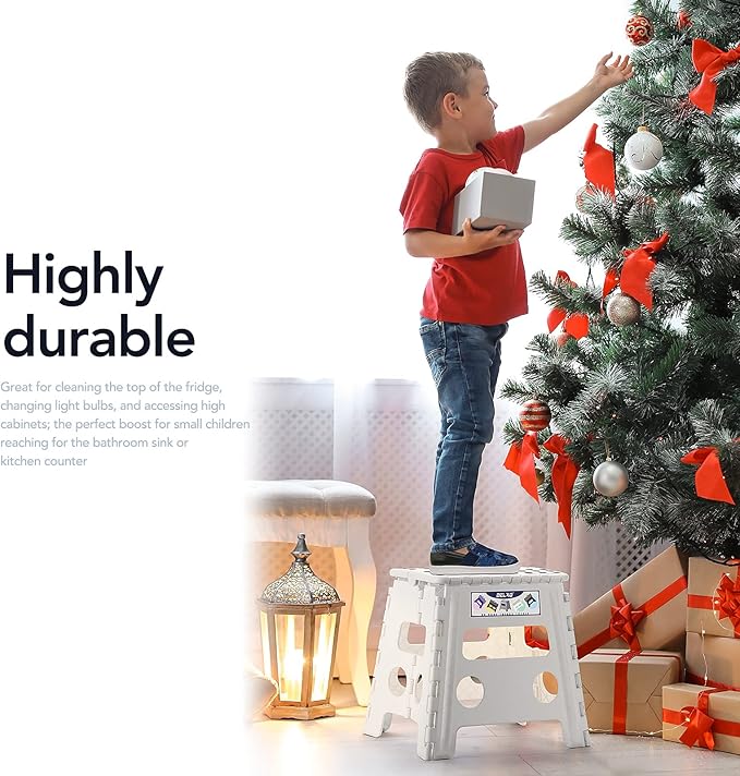 Delxo 13" Folding Step Stool for Kids and Adults, Non-Slip Foldable Step Stools with Handle,Plastic Portable Folding Stool for Bathroom,Bedroom,Kitchen,Hold up to 300lbs White - LeafyLoom