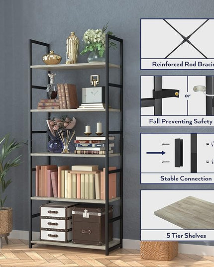 NUMENN 5 Tier Bookshelf, Tall Bookcase Shelf Storage Organizer, Modern Book Shelf for Bedroom, Living Room and Home Office, Grey - LeafyLoom