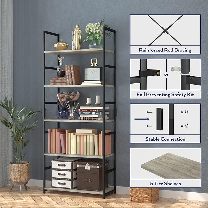 NUMENN 5 Tier Bookshelf, Tall Bookcase Shelf Storage Organizer, Modern Book Shelf for Bedroom, Living Room and Home Office, Grey - LeafyLoom