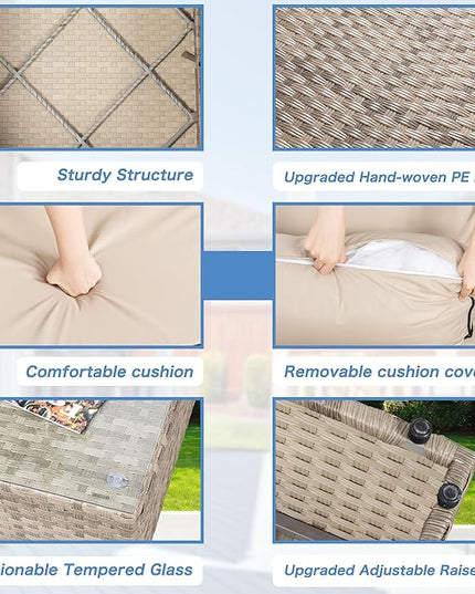 Shintenchi 7 Pieces Outdoor Patio Sectional Sofa Couch,Natural PE Wicker Furniture Conversation Sets with Washable Cushions & Glass Coffee Table for Garden, Poolside, Backyard (Khaki) - LeafyLoom