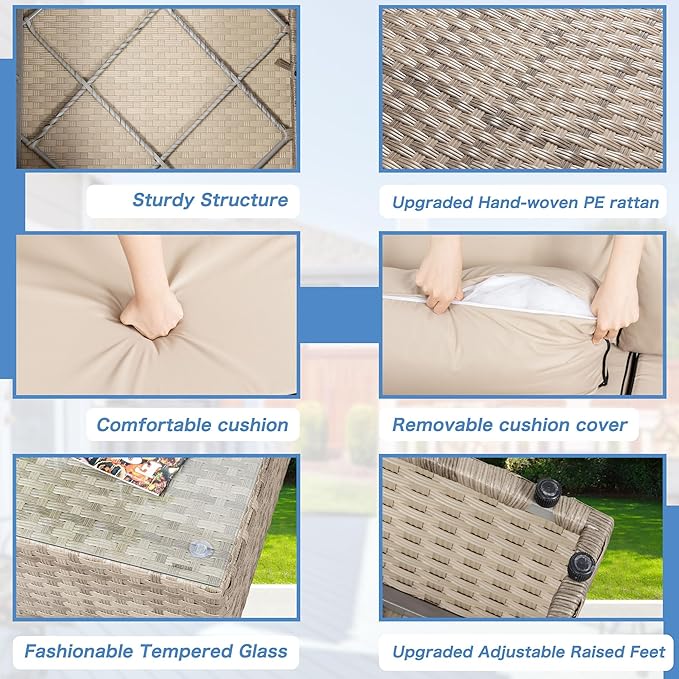 Shintenchi 7 Pieces Outdoor Patio Sectional Sofa Couch,Natural PE Wicker Furniture Conversation Sets with Washable Cushions & Glass Coffee Table for Garden, Poolside, Backyard (Khaki) - LeafyLoom