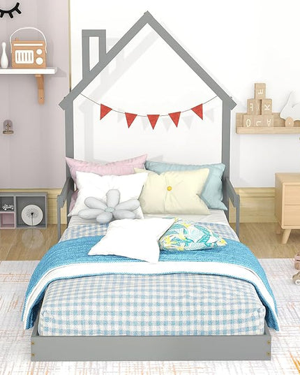 Bellemave Twin Size House-Shaped Headboard Floor Bed for Kids,Montessori Floor Bed with Handrails and Slats,Wood House Bed Twin for Girls,Boys(Twin,Grey) - LeafyLoom
