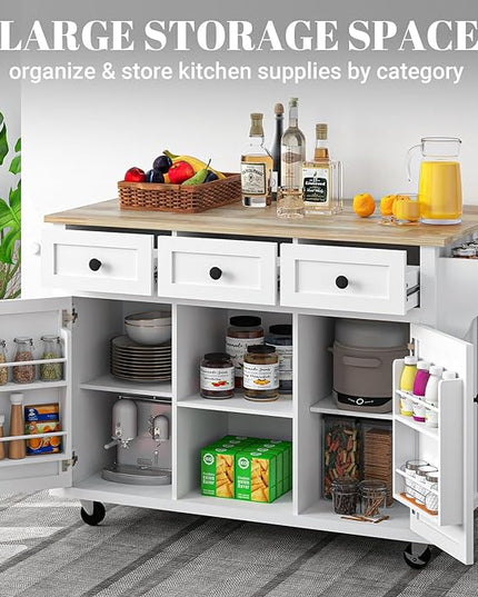 Rolling Kitchen Island with Drop Leaf Kitchen Island On Wheels with Storage Large 53in Wood Portable Kitchen Islands White with Drawers Cabinet Spice Towel Rack Storage for Kitchen - LeafyLoom