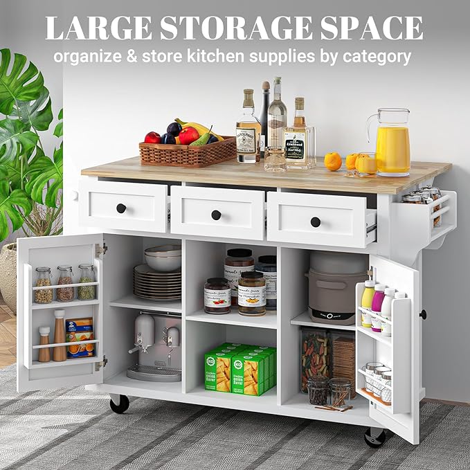Rolling Kitchen Island with Drop Leaf Kitchen Island On Wheels with Storage Large 53in Wood Portable Kitchen Islands White with Drawers Cabinet Spice Towel Rack Storage for Kitchen - LeafyLoom