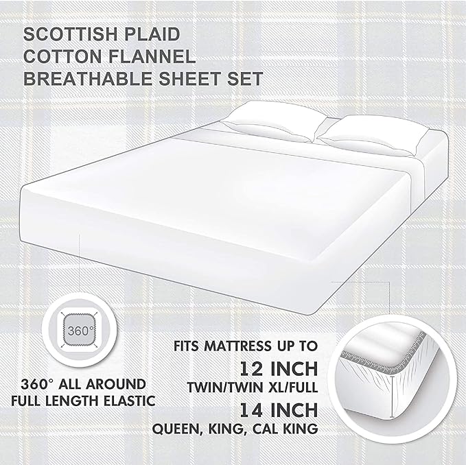 Comfort Spaces Cotton Flannel Breathable Warm Deep Pocket Sheets with Pillow Case Bedding, Queen, Green Plaid Scottish Plaid 4 Piece - LeafyLoom
