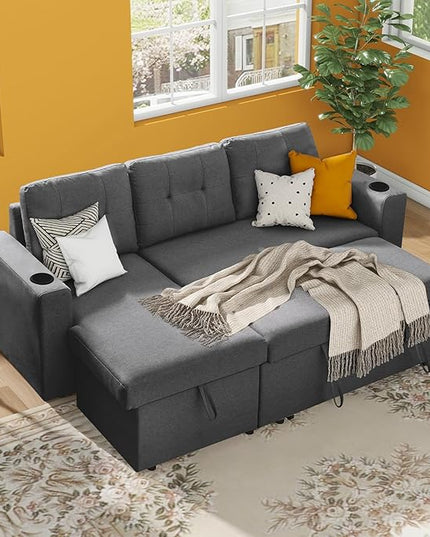 IULULU L Shaped Sectional Sofa, 82 Inch Convertible Sleeper with Pullout Bed, Storage Chaise, Cupholders, 2 in 1 Pull Out Couch for Living Room, Apartment, Charcoal Grey - LeafyLoom