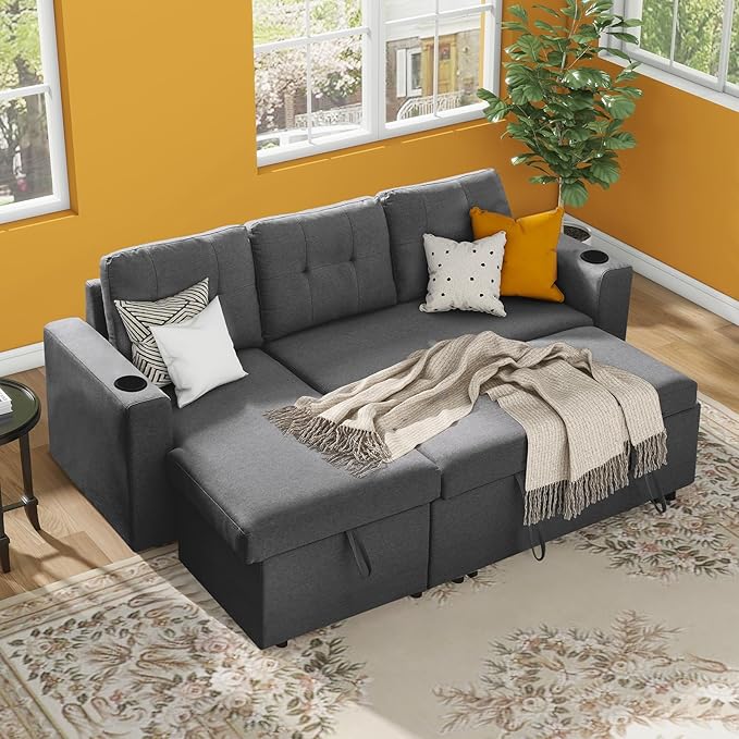 IULULU L Shaped Sectional Sofa, 82 Inch Convertible Sleeper with Pullout Bed, Storage Chaise, Cupholders, 2 in 1 Pull Out Couch for Living Room, Apartment, Charcoal Grey - LeafyLoom