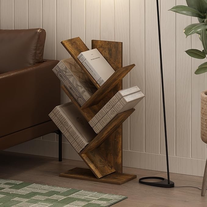 Furinno Tree Bookshelf 5-Tier Floor Standing Tree Bookcase, Amber Pine - LeafyLoom