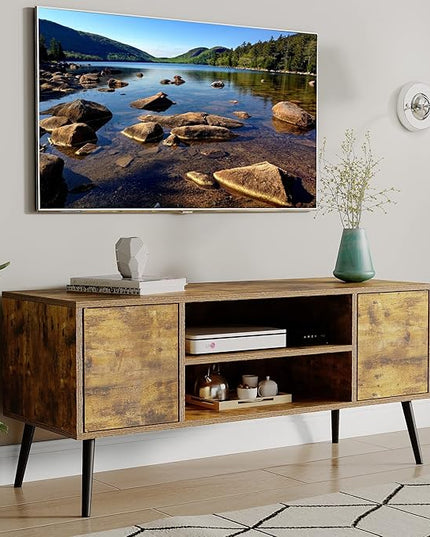 Yusong Industrial TV Stand for 55 Inch TVs,TV Bench TV Cabinet Media Cable Box Gaming Console Table with Open Shelves,Mid-Century Modern Entertainment Center for Living Room,Rustic Brown - LeafyLoom