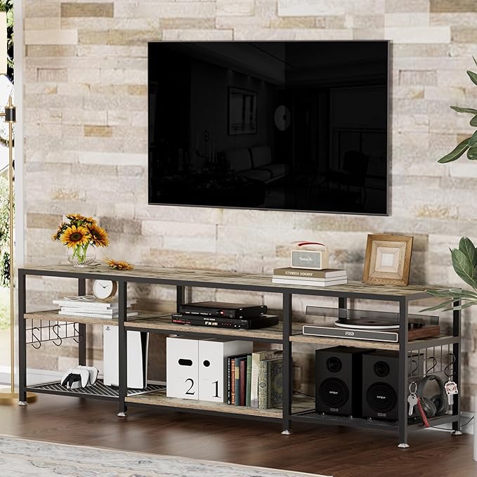 VECELO 70" TV Stand for 65/70/75 Inch Television, Entertainment Center with Storage Shelves & Hooks, 3-Tier Modern Wooden Console Table for Living, Bedroom and Gaming Room, 70 Inch, Oak Grey - LeafyLoom