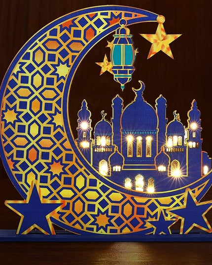 Capoda Eid Craft Night Light Ramadan Mubarak Table Decor 3D Wooden Moon Star LED Light Decor, Mosque Lamp Eid al-Fitr Ornament Gift for Muslim Ramadan Islamic Wall Decor Table Centerpiece(Blue) - LeafyLoom