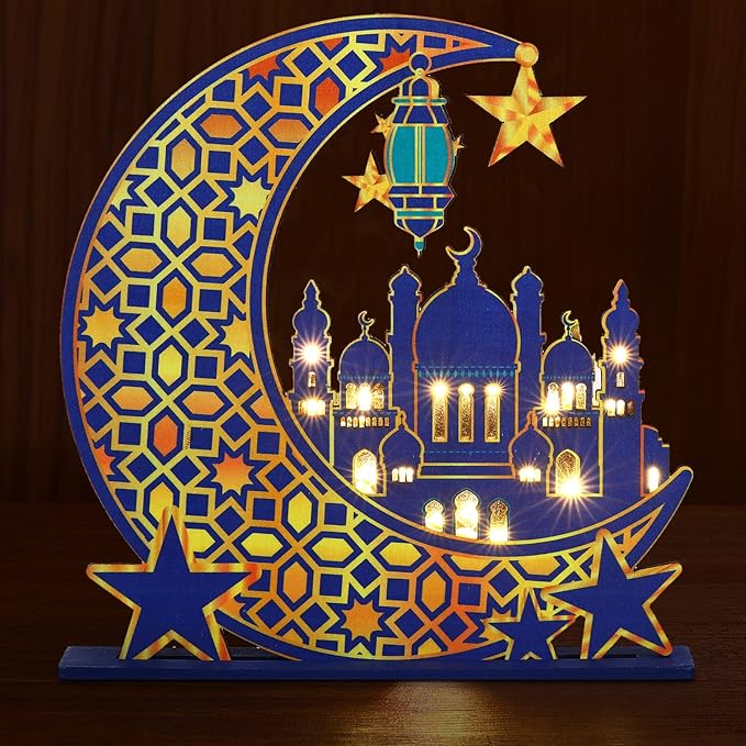 Capoda Eid Craft Night Light Ramadan Mubarak Table Decor 3D Wooden Moon Star LED Light Decor, Mosque Lamp Eid al-Fitr Ornament Gift for Muslim Ramadan Islamic Wall Decor Table Centerpiece(Blue) - LeafyLoom
