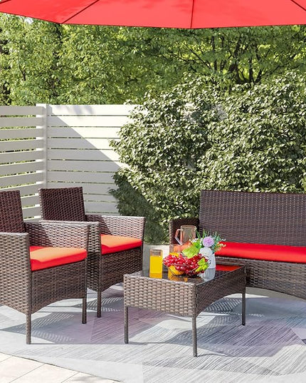 Greesum Patio Furniture 4 Pieces Conversation Sets Outdoor Wicker Rattan Chairs Garden Backyard Balcony Porch Poolside loveseat with Soft Cushion and Glass Table, Brown and Red - LeafyLoom