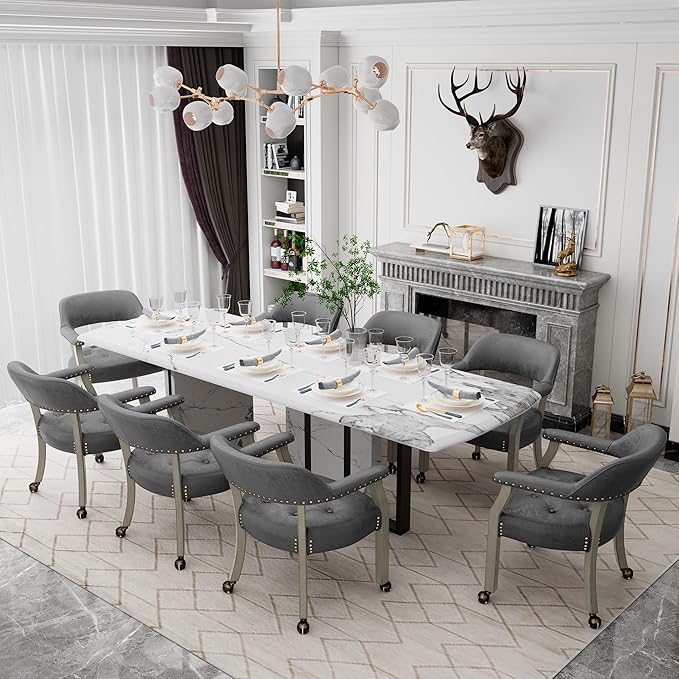 Dining Chairs with Casters and Arms, Large Rolling Dining Chairs with Wheels, Wood Boss Caption's Chairs, 26" D x 25.2" W x 31.5" H, Grey Legs & Dark Grey Fabric SY-1318-GY - LeafyLoom