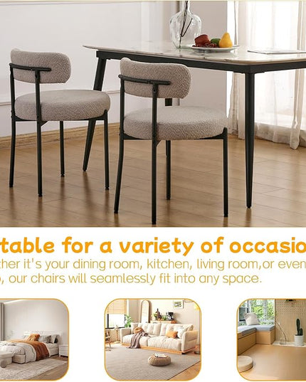 EDWELL Grey Dining Chairs Set of 6, Mid Century Modern Dining Room Chairs with 3.94” Cushions, Round Upholstered Boucle Chairs with Black Metal Legs for Kitchen, Living Room - LeafyLoom