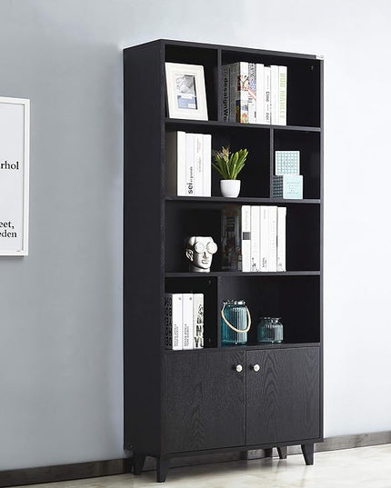 Modern Bookcase with 2 doors 68" Tall Storage Wooden Bookshelf with 7 Compartments for Home Office, Black - LeafyLoom
