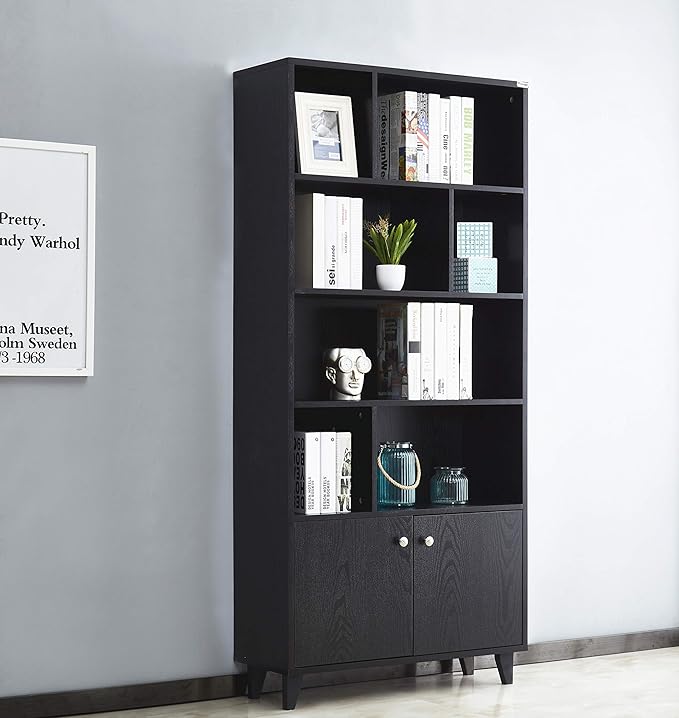 Modern Bookcase with 2 doors 68" Tall Storage Wooden Bookshelf with 7 Compartments for Home Office, Black - LeafyLoom