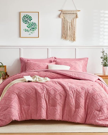 6 Pieces Tufted Bed in a Bag Twin Comforter Set with Sheets Pink, Soft and Embroidery Shabby Chic Boho Bohemian, Luxury Solid Color with Diamond Pattern, Jacquard Tufts Bedding Set for Kids Girls - LeafyLoom