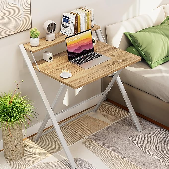 GreenForest Folding Desk No Assembly Required Large Size, 2-Tier Foldable Computer Desk with Shelf for Home Office, Space Saving Portable Laptop Study Foldable Table for Bedroom, Oak - LeafyLoom
