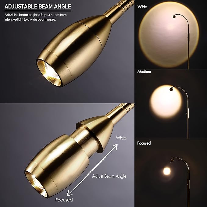 O’Bright Ray – Adjustable LED Beam Floor Lamp, Dimmable and Zoomable Spotlight, Flexible Gooseneck, Reading/Crafting Standing Lamp, Work Table Light, Antique Brass - LeafyLoom