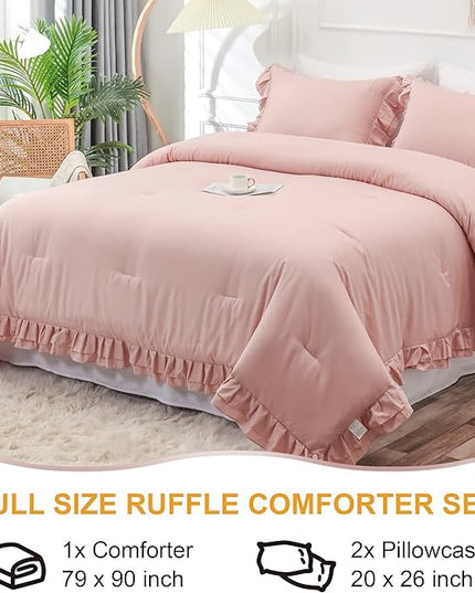 Blush Pink Double Ruffle Comforter Set Full Size (79x90 Inch), 3 Pcs Farmhouse Vintage Comforter Set (1 Ruffled Comforter and 2 Pillowcase), Rustic All Season Down Alternative Bedding Set - LeafyLoom