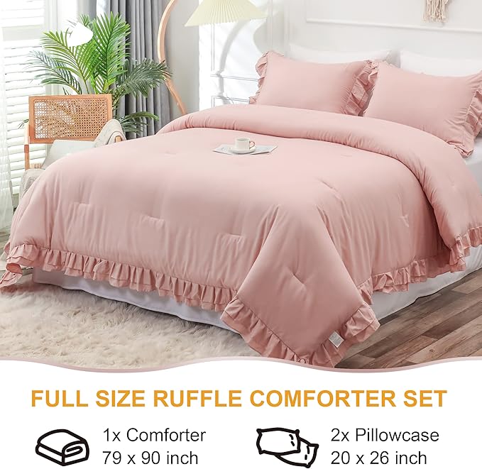 Blush Pink Double Ruffle Comforter Set Full Size (79x90 Inch), 3 Pcs Farmhouse Vintage Comforter Set (1 Ruffled Comforter and 2 Pillowcase), Rustic All Season Down Alternative Bedding Set - LeafyLoom