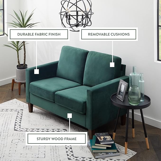 Edenbrook Archer Upholstered Loveseat - Green Velvet Loveseat - Living Room Furniture - Small Loveseat - Mid Century Modern Loveseat - Seats Two - LeafyLoom