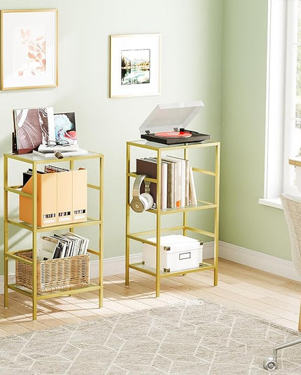 HOOBRO 3-Tier Bookcase, Tempered Glass Bookshelves, Record Storage Rack with Side Fence, Storage Shelves for Bathroom, Slim Shelving Unit for for Living Room, Home Office, Gold GD81CJ01 - LeafyLoom
