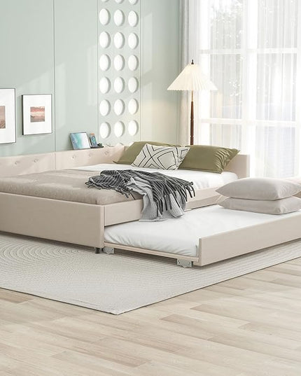 Wood House Bed with 2 Twin Solid Bed,L Structure Bedroom Platform Bed Frame W/Fence and Slatted Frame,No Box Spring Required,for Kids Teens Boy Girl,White - LeafyLoom