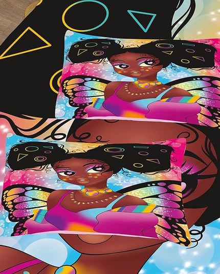 Tailor Shop Fantasy Black Girl Comforter Set Rainbow Butterfly King Size Bedding Sets for Girls Kids Kawaii Magic African American Black Girl Bedding Set with 2 Pillowcase Girls Room Decor - LeafyLoom