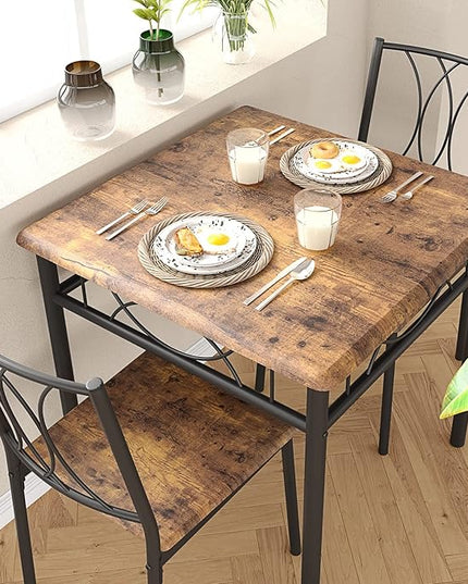 Dining Table Set for 2, Kitchen Table and Chairs for 2, Square Dining Room Table Set with 2 Metal and Wood Chairs, Kitchen Table Set for Small Space, Apartment, Rustic Brown - LeafyLoom