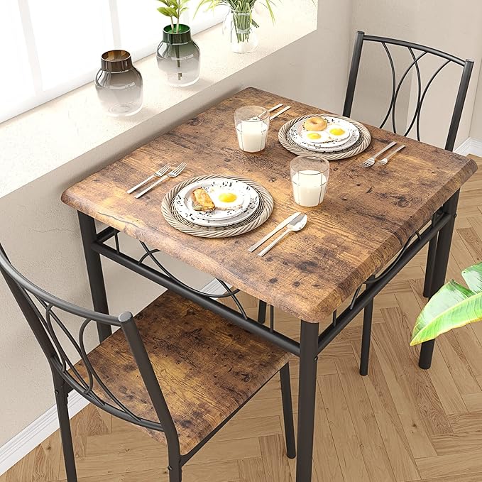 Dining Table Set for 2, Kitchen Table and Chairs for 2, Square Dining Room Table Set with 2 Metal and Wood Chairs, Kitchen Table Set for Small Space, Apartment, Rustic Brown - LeafyLoom