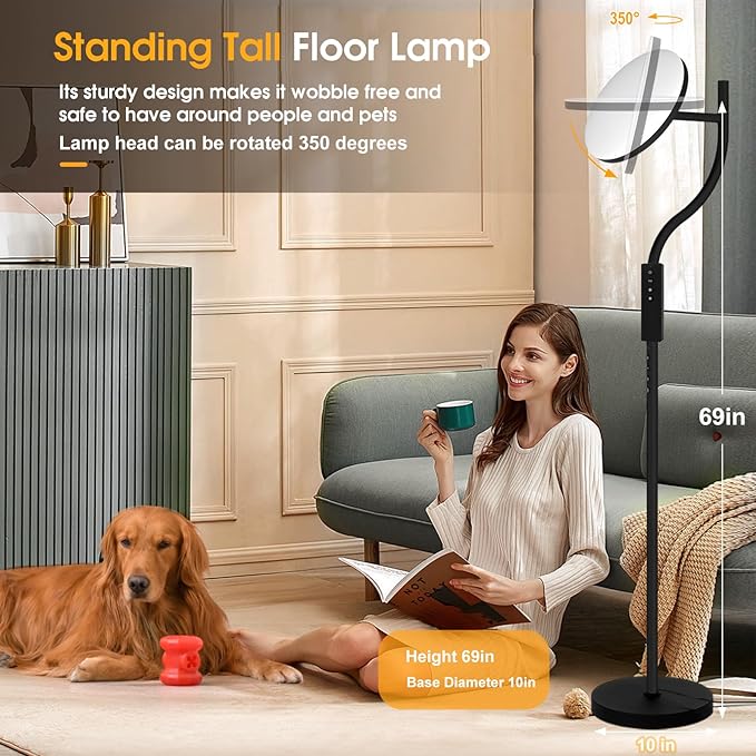 PESRAE 36W/3600LM LED Torchiere Super Bright Standing Lamp for Living Room, Rotatable Tall Lamp with Remote Control, Stepless Color Temperatures and Dimming Floor Lamps for Bedroom Office - LeafyLoom