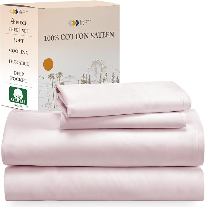 California Design Den Soft 100% Cotton full size Sheet Set, Bed Sheets with Deep Pocket, 4 Piece Full Sheet Set with Sateen Weave, Cooling Sheets - Pink - LeafyLoom