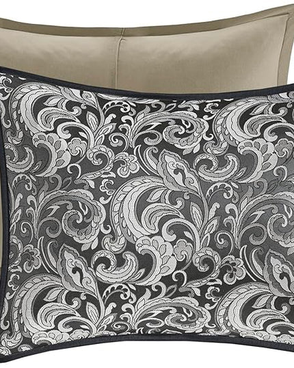 Madison Park Essentials Brystol 24 Piece Room in a Bag Faux Silk Comforter Jacquard Paisley Design Matching Curtains Down Alternative All Season Bedding-Set, Queen(90 in x 90 in), Black 24 Piece - LeafyLoom