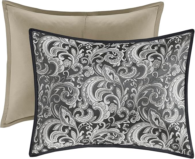 Madison Park Essentials Brystol 24 Piece Room in a Bag Faux Silk Comforter Jacquard Paisley Design Matching Curtains Down Alternative All Season Bedding-Set, Queen(90 in x 90 in), Black 24 Piece - LeafyLoom