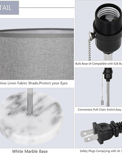 SEHERTIWY Bedside Lamps, Desk Lamps with Pull Chain, Nightstand Lamps with Marble Base and Silver Metal, Lamp for Bedroom, Living Room, Reading Room, Office-Grey - LeafyLoom