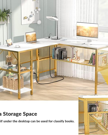 Unikito L Shaped Desk with Power Outlets and USB Charging Ports, Reversible L-Shaped Corner Desks with Storage Shelves, Unique Grid Design, 2 Person Gaming Computer Table for Home Office, White - LeafyLoom
