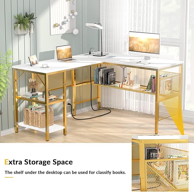 Unikito L Shaped Desk with Power Outlets and USB Charging Ports, Reversible L-Shaped Corner Desks with Storage Shelves, Unique Grid Design, 2 Person Gaming Computer Table for Home Office, White - LeafyLoom