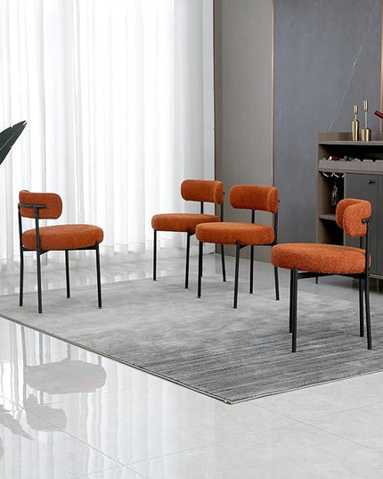 Orange Dining Chairs Set of 4 Round Upholstered Boucle Dining Room Chairs Mid-Century Modern Kitchen Chairs Curved Backrest Chairs for Dining Room Black Metal Legs - LeafyLoom