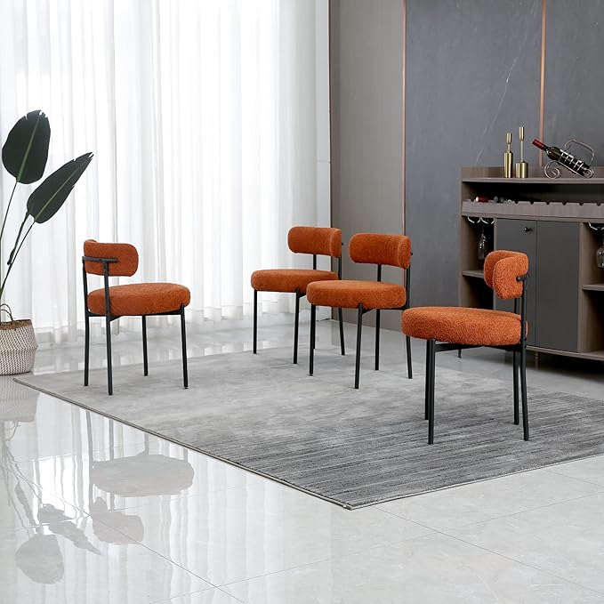 Orange Dining Chairs Set of 4 Round Upholstered Boucle Dining Room Chairs Mid-Century Modern Kitchen Chairs Curved Backrest Chairs for Dining Room Black Metal Legs - LeafyLoom