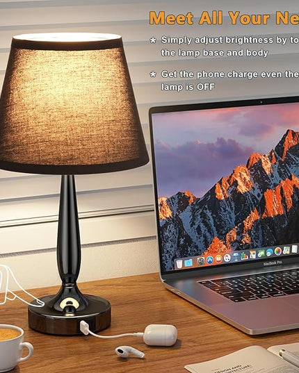 Kakanuo Touch Bedside Lamp for Bedroom with USB C Port, Small Touch Table Lamp with 2 USB Charging Ports, 3 Way Dimmable Nightstand Lamp for Living Room and Office - Black (LED Bulb Included) - LeafyLoom