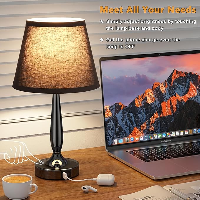 Kakanuo Touch Bedside Lamp for Bedroom with USB C Port, Small Touch Table Lamp with 2 USB Charging Ports, 3 Way Dimmable Nightstand Lamp for Living Room and Office - Black (LED Bulb Included) - LeafyLoom
